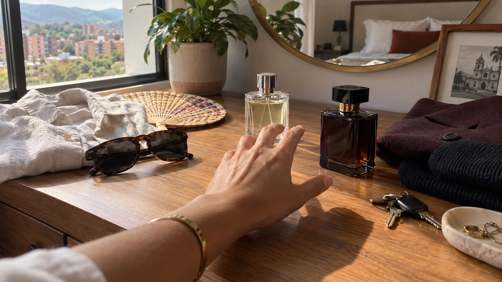 Mano eligiendo entre dos perfumes sobre una mesa con señales de clima caliente y clima frío